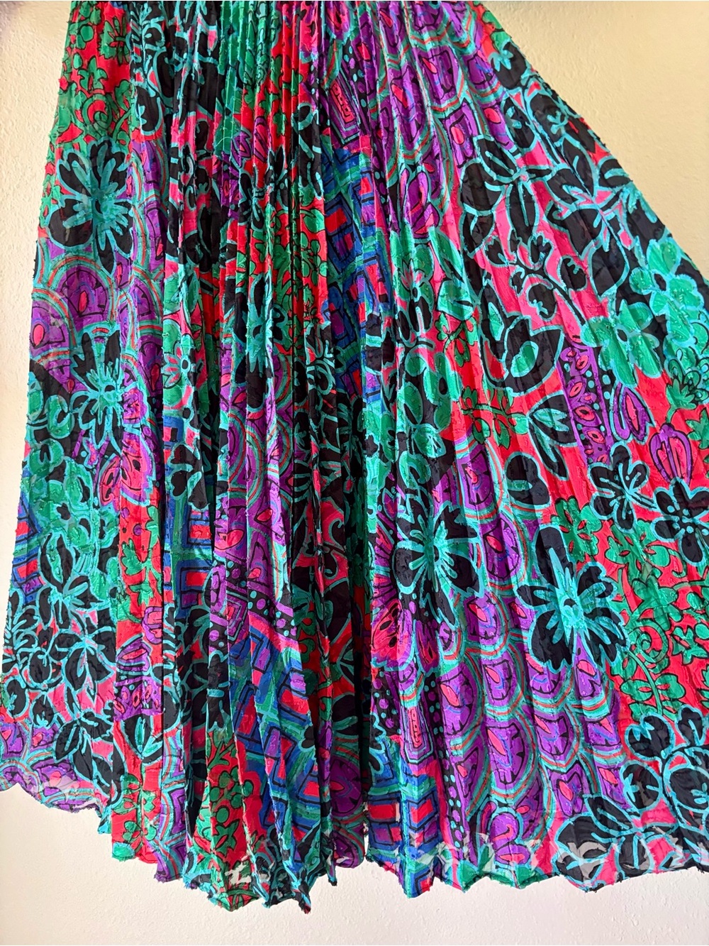 Diane Freis 1980s Dress L XL Colorful Floral Geometric Pleated Midi Maximalist - Picture 12 of 13